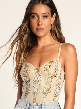 Lulus Essence Of Elegance Beige Embroidered Bustier Bodysuit - Size S